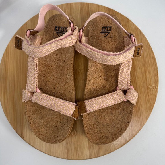 Reef Cushion Rem Pink Tan Woven Strappy Cork Footbed Sandals Womens 9 D-22 JHV - Picture 11 of 11